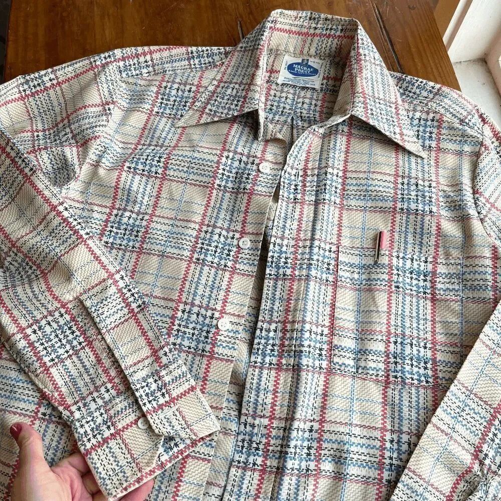 VTG 70s Macrae Prest Plaid Button Down Tailored Waist Shirt Unisex S